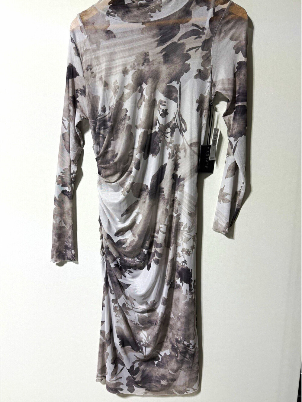 1.STATE Gray & White Floral Mesh Sheath Ruched High Neck 3/4 Sleeve Dress M